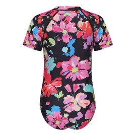 Qterdiz Big Girls One Piece Swimsuits Rash Guard for Girl Short Sleeve Bathing Suits with Front Zipper Sun Protection Swimwear Black Red Flowers Size 10/8-10 Years
