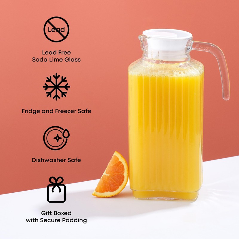 JoyJolt 60oz Glass Pitcher with Lid (2 Lids) - Beverage