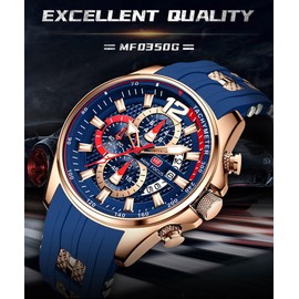 LOYEWAIER Modern Men Watches Luminous Quartz Analog 3ATM Water Resistant Rose Bezal Blue Silicone Strap Watches for Man with Chronograph,Calendar