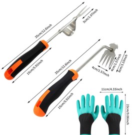 AIBAOBAO Unkrautstecher Edelstahl Wurzeljäter, 2 Pcs 35cm Unkraut Entferner Gerät mit Gartenhandschuhe Gartenarbeit Hand Unkrautstecher mit Stiel Gartenwerkzeug zum Graben Jäten Umpflanzen Entwurzeln