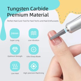 HYTOOS 24mm Super Long 5 in 1 Nail Drill Bits, Cross Tapered Carbide Bit, 3/32" Two-way Rotate for Both Hand, Remove Acrylic Nails/Gel, Electric File Tool Drills Manicure Accessories (2XF)