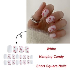 Christmas Short Press on Nails White Matte Acrylic Fake Nails Short Square Shape False Nails with Candy Cane Design Full Cover Glue on Nails Xmas Reusable Stick on Nails for Women Girls 24 Pcs