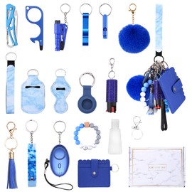 AMIR Safety Keychain Set for Women, Wristlet Strap Keychain with Personal Alarm and Pom Pom Accessories Kit, Gifts for Women and Girls (Blue)