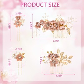 4Pcs Wedding Hair Accessories for Women, Classy Flower Bridal Hair Pins, Wedding Side Combs and U-Shaped Rhinestone Headpiece for Bride, Bridesmaid, Girls (Pink)