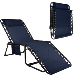 Lavish Home Folding Lounge Chair Outdoor Recliner - 3 Position Chaise Lounge Outdoor Beach Tanning Chair with Side Pocket and Removable Pillow - Portable Patio Furniture for Pool or Lawn (Navy)