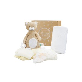Baby Box Shop - 6 Baby Essentials for Newborn Baby Unisex, Ideal Baby Shower Gifts & Christening Gifts, Includes a Baby Comforter, Cream Hooded Baby Towel, Muslin Cloth, Bodysuit, Bib & Socks