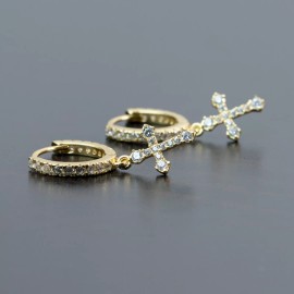 Tsv Jewelers Small 14K Gold Plated Sterling Silver Dangle Cross Drop Huggie Hoop Earrings