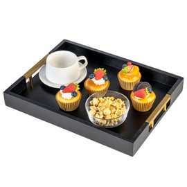 MyGift 15.5 Inch Decorative Ottoman Tray, Designer Vintage Black Solid Wood Serving Platter with Gold Tone Metal Handles, Coffee Table Kitchen Home Decor