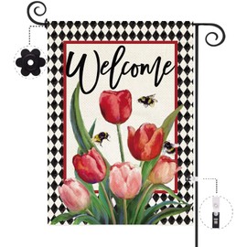 Baccessor Spring Tulip Welcome Garden Flag 12.5 x 18 Inch Double Sided Burlap Easter Floral Flowers Buffalo Plaid Small Yard Flag Summer Holiday Seasonal Outdoor Outside Decoration