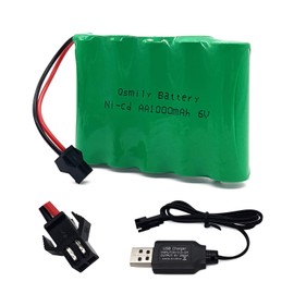Qsmily® 6V RC Battery, SM Connector, 1000mAh Rechargeable Ni-Cd Battery Pack with Charge Cable, Suitable for RC Monster Truck, 4WD Off-Road Military RC Truck, RC Climbing Vehicle