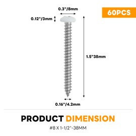 Semrien 60 Pcs White Screws, #8 x 1-1/2" White Self Tapping Screws Wood Screws, Stainless Steel Pan Head Screw Phillips Sheet Cabinet Screws for Wood, Wall Plates, Book Shelf (#8 x 1-1/2")