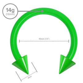 2pc 16mm Dental-Grade Acrylic Green Horseshoe Bar Hoop 4mm Spike Circular Barbells Earrings Cartilage Helix Septum Nose Lip Rings - 10mm