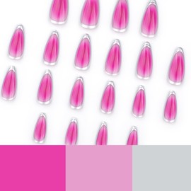 24 Pcs French Tip Press on Nails Long Almond Fake Nails with Designs Silver French False Nail Tips Rose Red Glue on Nails Full Cover Acrylic Nails for Women Nail Art Decoration