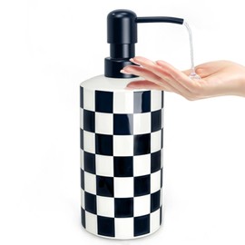 Hand Soap Dispenser, Bathroom Soap Dispenser with Stainless Steel Pump, Ceramic Black and White Bathrooms Lotion Liquid Bottles for Countertop, Checkered Bathroom and Kitchen Decor (15oz)