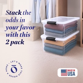 HOMZ 2-Pack Latching Lid, Large Clear Plastic Storage Bins with Lids, 64 Quart, Gray Latch