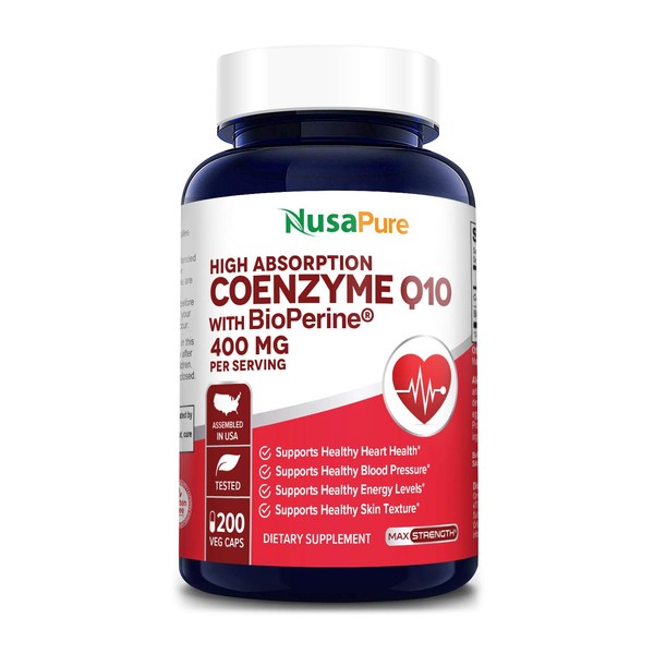 NusaPure CoQ10 400 mg 200 Veggie Caps (Non-GMO & Gluten-Free) Coenzyme Q10, Antioxidant COQ-10 Enzyme, Coq 10 - Serving Size 2 Daily Caps