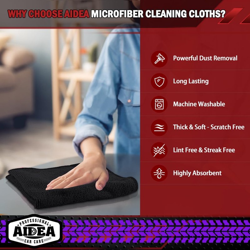 AIDEA Microfiber Cleaning Cloth Black 50PK, Microfiber Towels for Cars,