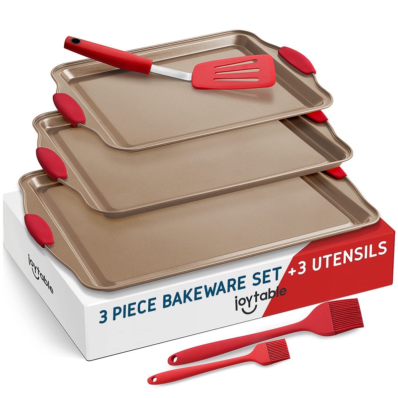 Baking Sheet Set, 3-Piece Cookie Sheet Set with Silicone Handles,