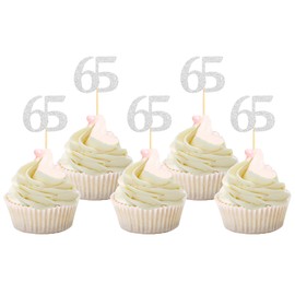 Sotpot 30 Pack Happy 65th Birthday Cupcake Toppers 65 Years Cupcake Decorations for 65th Birthday Anniversary Party Supplies Silver Glitter