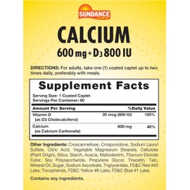 Calcium 600mg with D3 | 60 Caplets | Vegetarian, Non-GMO, and Gluten Free Supplement | by Sundance