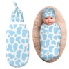 Blue Cow Print Newborn Baby Swaddle Blanket with Beanie Hat