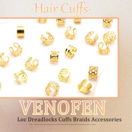 VENOFEN 40PCS Gold Hair Cuffs for Dreadlocks, Braids, Locs - Metal Alloy Non-Piercing Adjustable Jewelry Hair Rings and Clips for Women and Men