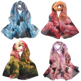 Firtink Pack of 4 Women's Chiffon Scarf, Soft Floral Scarf, Shawls, Stole Scarf, Silky Headscarf, Neckerchiefs, Silk Scarves, Elegant Lightweight Silk Scarf Scarves for Women, Dark blue, light purple,