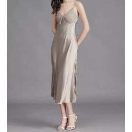 Unbranded Women Spaghetti Straps Satin Midi Nightdress Nightwear Lace V Neck  L/ XL