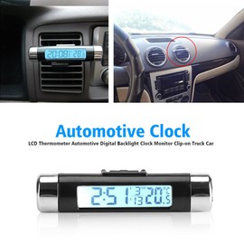 LCD Display Digital Clip on Car Clock Thermometer Temperature Meter Gauge Automotive Mini Clock Monitor with Backlight for Truck Car(Blue Backlight)