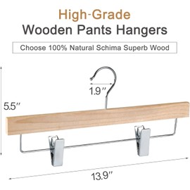 TOPIA HANGER Natural Unfinished Wood Pants Hangers, Wooden Skirt Hanger with Adjustable Clips, 360° Swivel Anti-Rust Hook, Smooth Finish Wood for Trousers 10 Pack-CT10PN