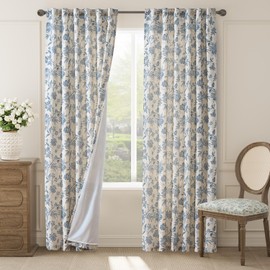 jinchan Lined Linen Floral Curtains for Living Room, 84 Inch Length Printed Flower Farmhouse Patterned French Country Back Tab Blue Window Drapes Set Privacy Bedroom Curtains, 2 Panels