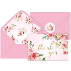 Whaline 36Pcs Pink Floral Thank You Cards with Envelopes and Stickers Tea Party Greeting Card Spring Flower Blank Note Card for Party Supplies