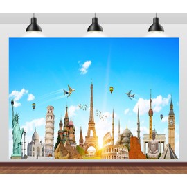 CORFOTO Travel Around The World Backdrop Fabric 5x4ft Global Famous Monuments World Landmarks Background US Statue of Liberty Paris Eiffel Tower Backdrops for Travel Party Decor Adult Portrait Prop