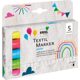 KREUL 90719 - Textile Marker Set Junior, Medium, 5 Pieces, Line Width 2 to 4 mm, Brilliant Fabric Colouring Pens for Light Fabrics, Neon Colour Glows Under Black Light