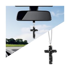 HZEL Bling Car Hanging Ornament, Cross Crystal Rhinestone Vehicle Rear View Mirror Pendant, Diamond Religious Rearview Mirror Decoration Charm, Universal Automotive Interior Accessories (Black)