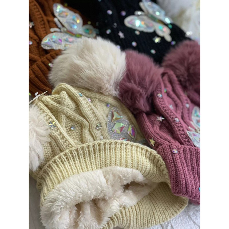 KH Gorro Dos Pompón Mariposa Brillos Dama Niña Afelpado