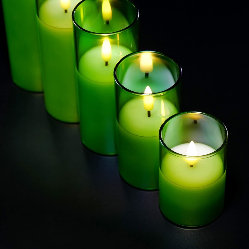 Girimax Green Glass Flameless Candles with Remote, Flickering LED Votive