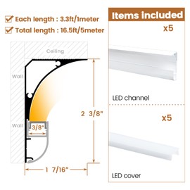 Muzata 5Pack 3.3FT/1M LED Channel Aluminum Spotless LED Diffuser Channel Crown Moulding Trim with Milky White Cover Drywall Ceiling Lighting U131 WW 1M