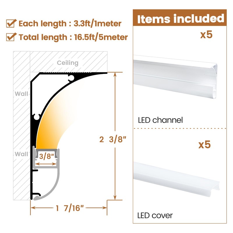 Muzata 5Pack 3.3FT/1M LED Channel Aluminum Spotless LED Diffuser Channel