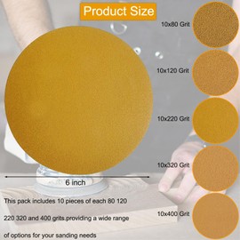 50 PCS 6 Inch No-Hole Gold Sanding Disc Kit -10 Each of 80, 120, 220, 320, 400 Grits, 6" Hook & Loop Backing Sandpaper for DA Sander, Sanding Automotive Paint, Woodworking Wood, Metal