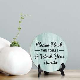 Round Please Flush The Toilet & Wash Your Hands, Light Green Decorative Bathroom Table Sign with Acrylic Easel (5 x 5")