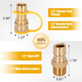 1/2 inch Natural Gas Quick Connect Fittings Kit with Male Insert Plug,100% Solid Brass with Dust Cover for Portable Generator or Bbq Gas Line Connection