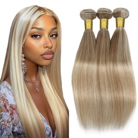 QEUOPE P27613 Highlight Honey Blonde Straight Bundles Human Hair Ombre Two Tone Blonde Mixed With 613 Bundles Double Weft Brazilian Hair Extensions for Women 18 20 22 inch
