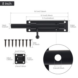 HOJLKLD Slide Bolt Gate Latch,6 inch Stainless Steel Barrel Bolt Latch with 8 mm Padlock Hole,Heavy Duty Matte Black Slide Lock for Wooden Fence,Barn Door,Interior or Outdoor Door (Black, 8 Inch)