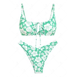 seamoly Floral Print Drawstring Tied Front Cheeky Bikini Set, Light Green, L