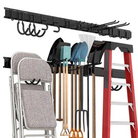 Sttoraboks Heavy Duty Garage Storage Organizer Rack System, Wall Mounted Tool Rack with 12 Double Hooks, 4 Rails, and Hangable Steel Garden Tool Rack - SIZE: 68inch 4 panels+12 hooks
