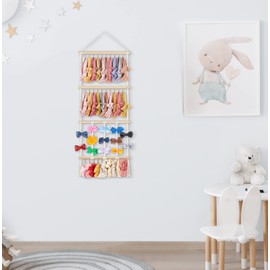 Dahey Headband Holder Bow Hanger for Girls Hair Bows, Macrame Headbands Hair Accessories Hanger Necklace Display with 30 Hooks Wall Hanging Over Door Organizer Boho Nursery Decor for Baby's Room