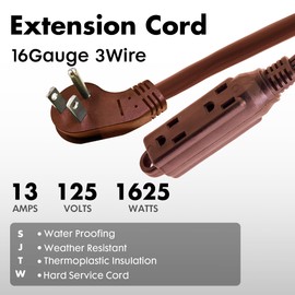 PALARINE Indoor Extension Cord 3 Outlets Flat Plug Power Strip, UL Listed, 16 Gauge 10 ft Brown 3 Prong Heavy Duty, 16/3 SJTW 13A Outlet Extender
