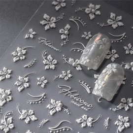 2 Sheets 5D Embossed Flower Nail Art Stickers Summer Spring Nail Stickers for Nail Art Aurora White Nail Decals Self Adhesive Nails Supplies for Women Girls