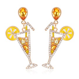 Funny Cocktail Yellow Cubic Zirconia Statement Dangle Drop Earrings for Women Dainty Gold Plated Goblet Lemon Juice Crystal Mojito Martini Dangling Lightweight Hypoallergenic Fashion Trendy Jewelry for Party Her Xmas